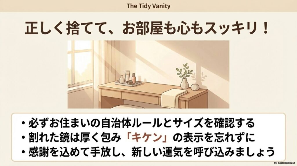 自治体ルールの確認、安全な梱包、感謝の気持ちを込めた処分という、まとめのポイントを伝えています。