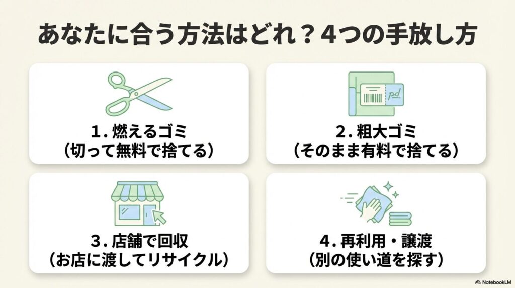 布団カバーの4つの処分方法（燃えるゴミ、粗大ゴミ、店舗回収、再利用・譲渡）を一覧で紹介しています。