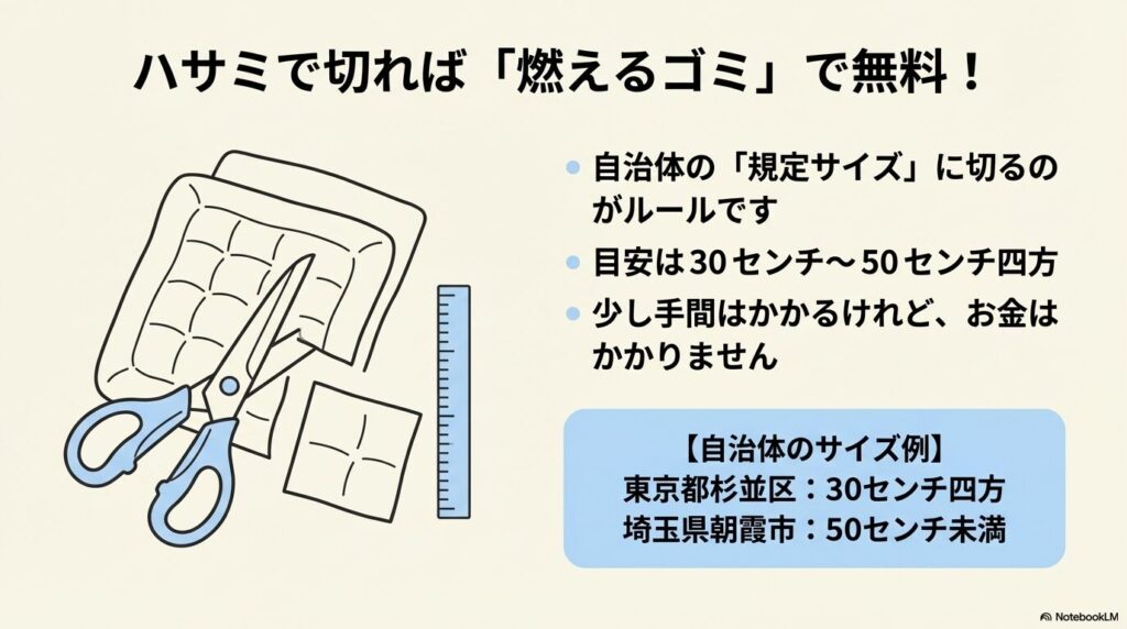 ハサミで規定サイズに切って、燃えるゴミとして無料で出す方法と自治体の例を説明しています。