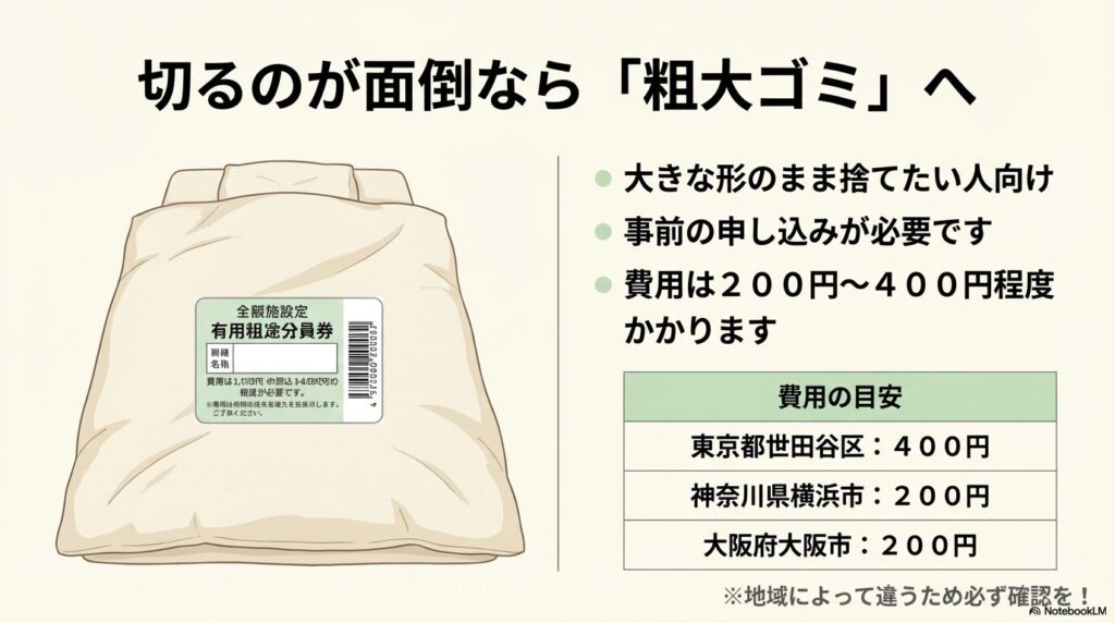 切らずにそのまま粗大ゴミとして有料で出す方法と、主要都市の費用目安を記載しています。