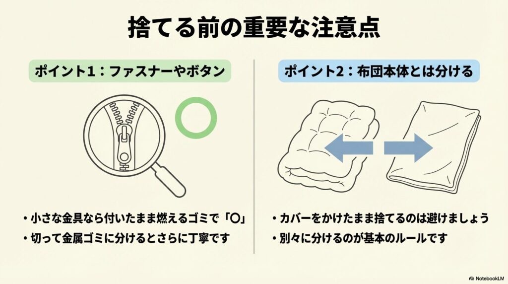 捨てる前の注意点として、ファスナーやボタンの扱いと、布団本体と分けるルールの2点を紹介しています。
