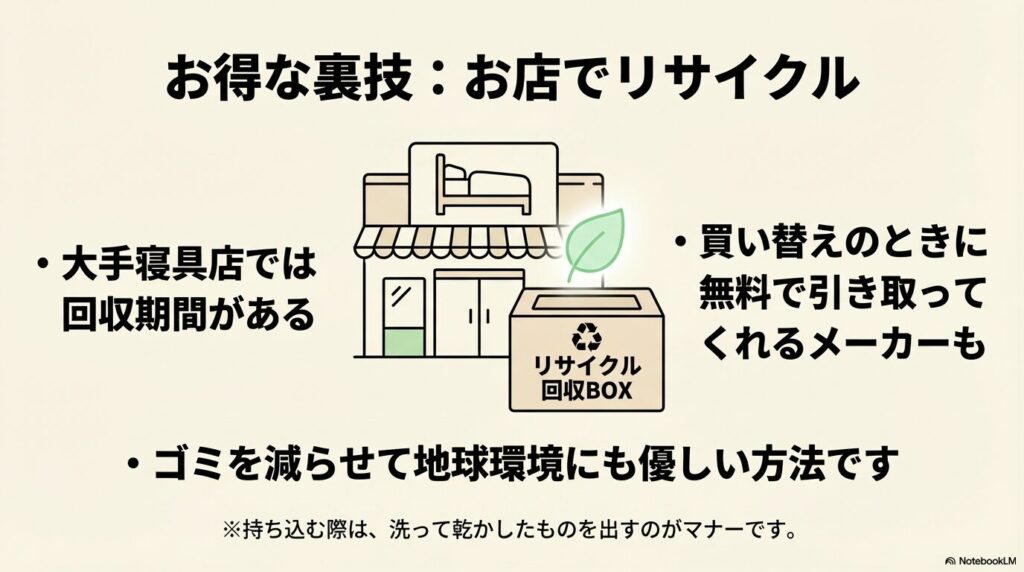寝具店での回収やメーカーの引き取りサービスを利用した、環境に優しいリサイクル方法を提案しています。