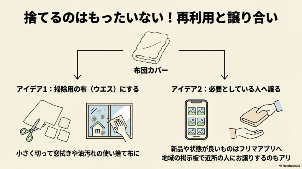 布団カバーを掃除用の布として再利用したり、フリマアプリ等で譲ったりするアイデアを紹介しています。
