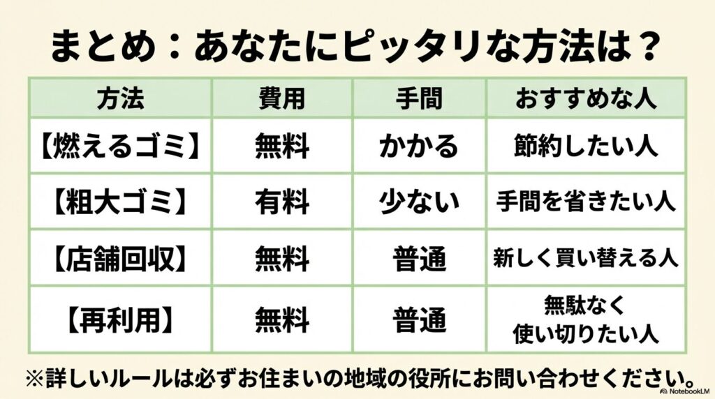 4つの処分方法の費用、手間、おすすめな人を表にまとめ、詳細なルール確認を促しています。