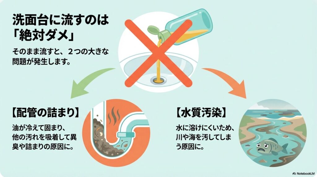 洗面台に流してはいけない理由として、配管の詰まりと水質汚染の2つのリスクを説明するスライドです。