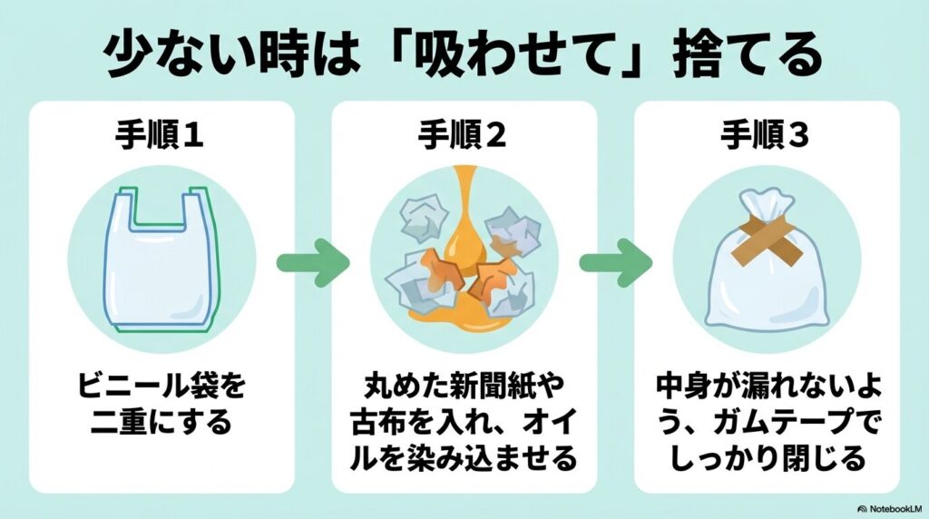 残量が少ない場合の具体的な手順として、二重の袋に紙や布を入れ、オイルを染み込ませて密閉する方法です。