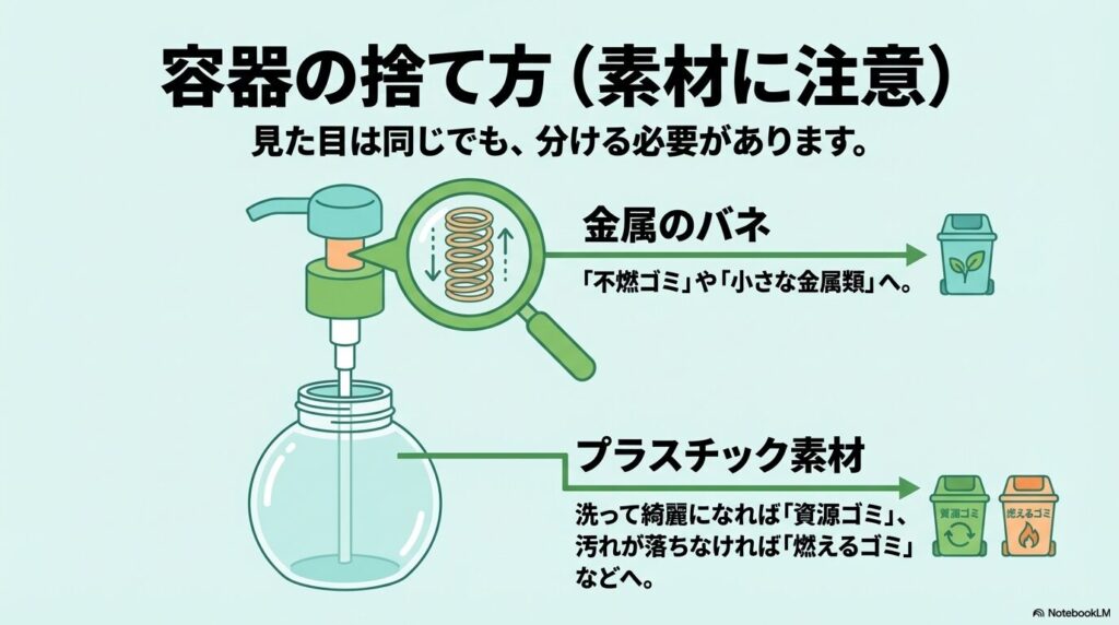 容器の分別について、ポンプ内の金属バネは不燃ゴミ、ボトル本体は洗浄状況に応じ資源・燃えるゴミに分けます。
