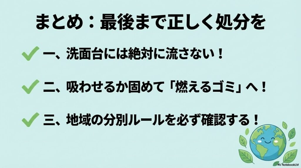 流さない、燃えるゴミに出す、地域のルールを確認するという、正しい処分のための3つのポイントのまとめ。