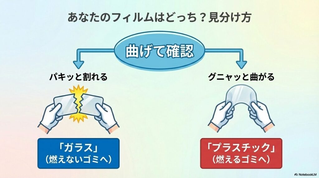 フィルムの素材の見分け方の解説。曲げた時に割れるのがガラス、曲がるのがプラスチック。