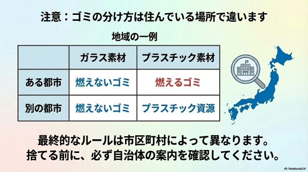 ゴミの分別ルールが地域によって異なることを、二つの都市を例に挙げた比較表で説明。