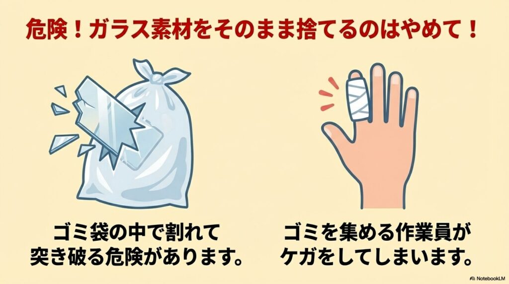 ガラス素材をそのまま捨てる危険性を警告。袋を突き破り、作業員が怪我をする恐れがある。