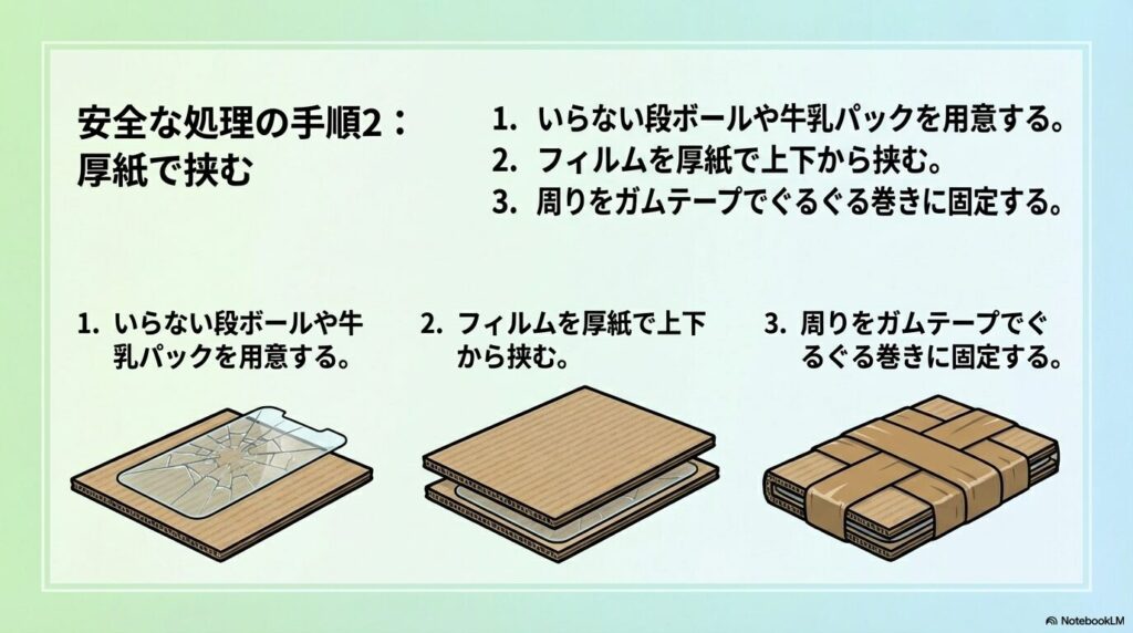 フィルムを安全に梱包する手順。厚紙で挟み、ガムテープでしっかり固定する方法。