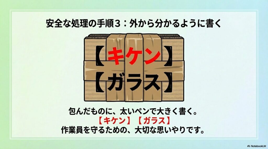 梱包した包みに「キケン」「ガラス」と明記して、作業員への配慮を促す。