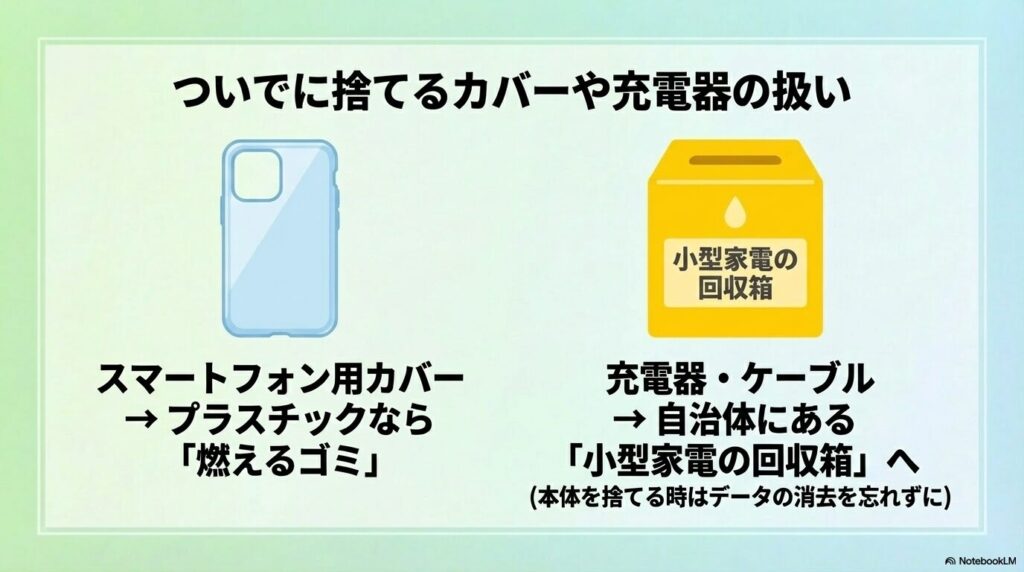 スマホカバーや充電器、ケーブルの捨て方。カバーは燃えるゴミ、充電器は回収箱へ。