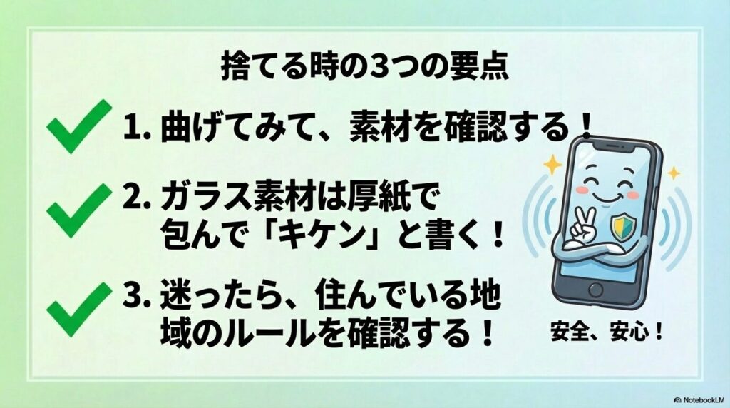 捨てる時の3つの重要ポイントのまとめ。素材確認、安全な梱包、地域ルールの再確認。