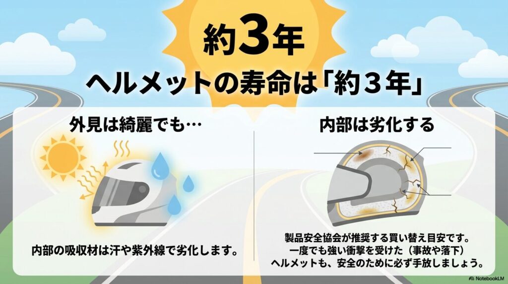 ヘルメットの寿命が約3年である理由と、内部の劣化について説明するスライド。