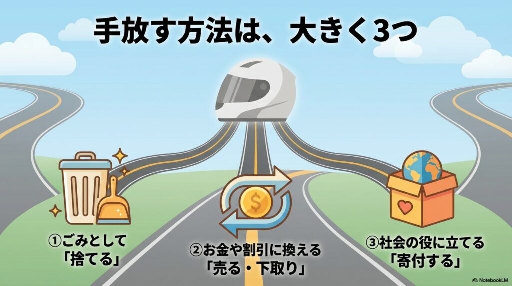 ヘルメットを手放す3つの主な選択肢（捨てる、売る・下取り、寄付）の紹介。
