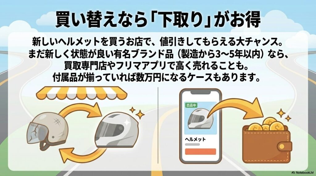 新しいヘルメット購入時の下取りや、買取専門店・フリマアプリでの売却のメリット。
