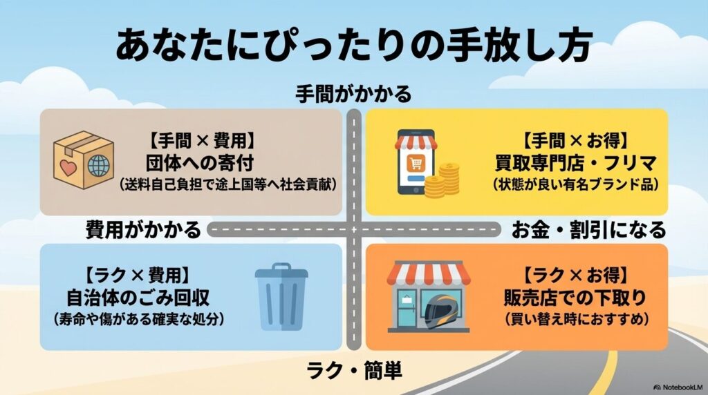 手間と費用の観点から自分に合った手放し方を選べる4象限のマトリックス図。