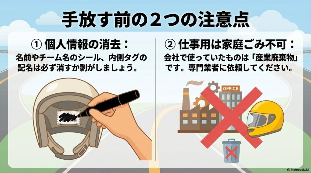 手放す前の注意点として、個人情報の消去と事業用ヘルメットの扱いについて。