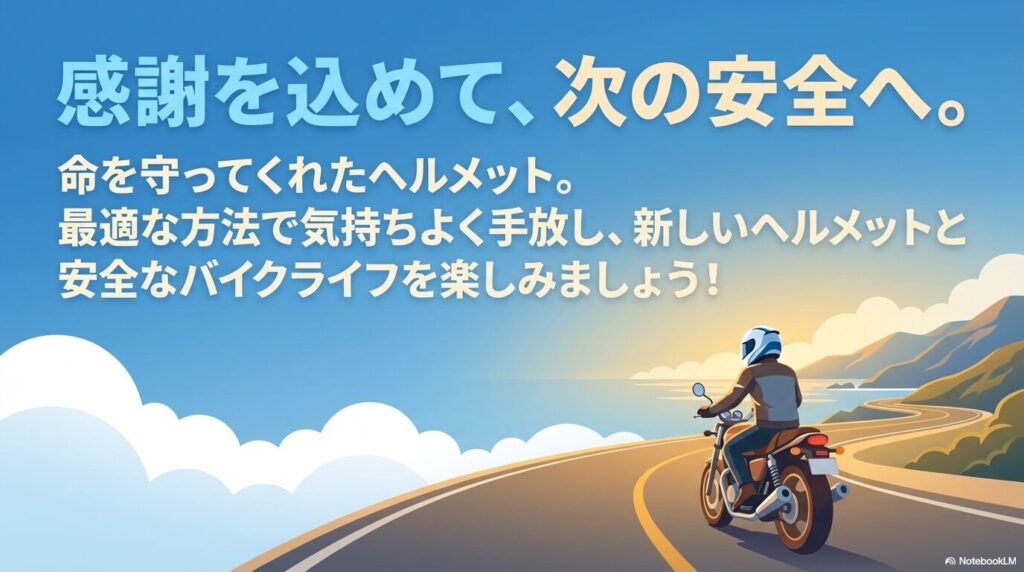 感謝を込めてヘルメットを手放し、新しい安全なバイクライフを勧める結びの画面。