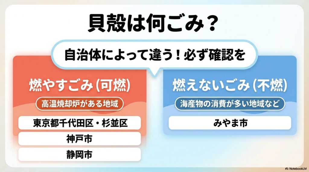 貝殻のごみ分別は自治体により異なり、可燃ごみや不燃ごみとされる例を地域別に紹介しています。