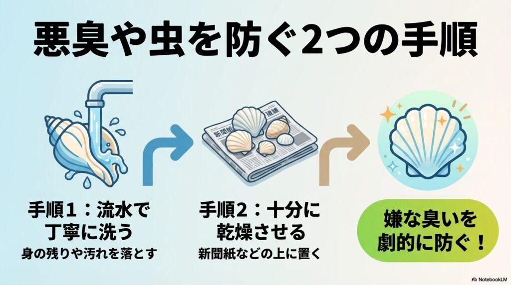 貝殻の悪臭や虫を防ぐために、流水で洗い新聞紙の上で十分に乾燥させる2つの手順を説明しています。