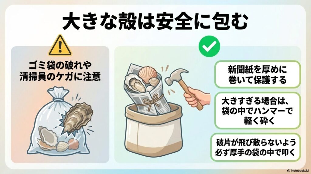 大きな貝殻を捨てる際、袋の破れやケガを防ぐために新聞紙で包むか、袋の中で砕く方法を推奨しています。