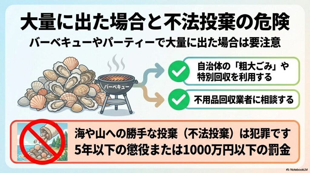 貝殻を大量に捨てる際の適切な処分方法と、海や山への不法投棄が犯罪であることを警告しています。