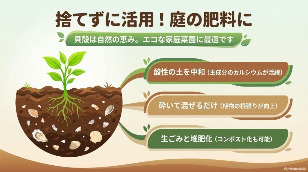 貝殻を庭の肥料として再利用するメリットとして、土の中和や根張りの向上、堆肥化を挙げています。