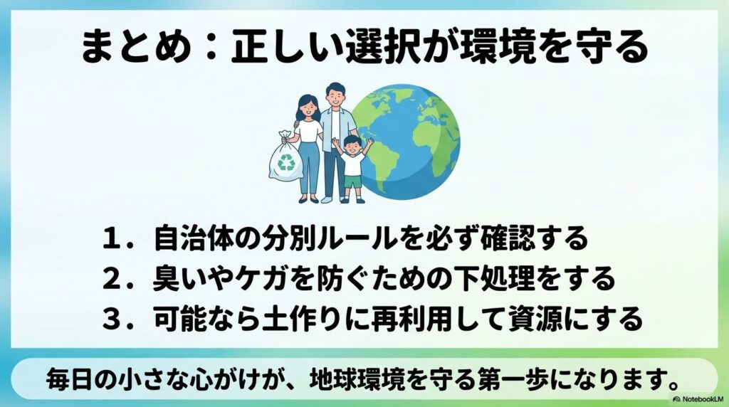 貝殻の処分に関するまとめとして、分別ルールの確認、下処理、再利用の3つのポイントを挙げています。