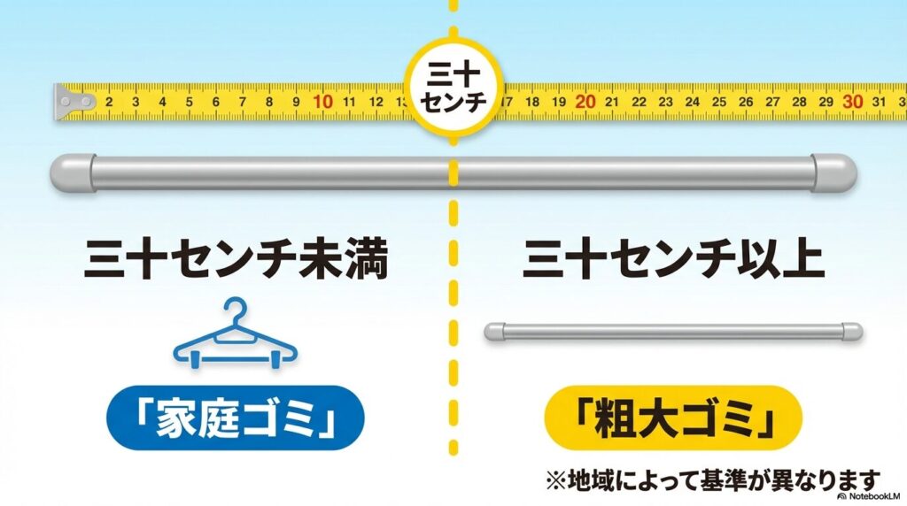 ゴミの分別基準を説明しており、30センチ未満は家庭ゴミ、30センチ以上は粗大ゴミに分類されます。