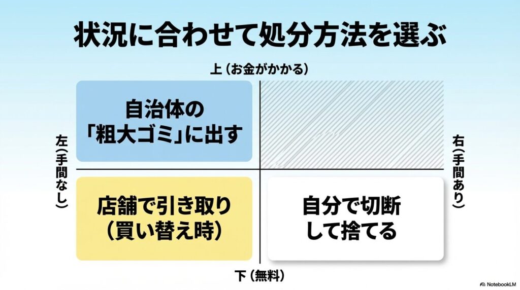 手間とお金の軸で4つの処分方法（粗大ゴミ、店舗引き取り、自分で切断）を比較したマトリックス図です。