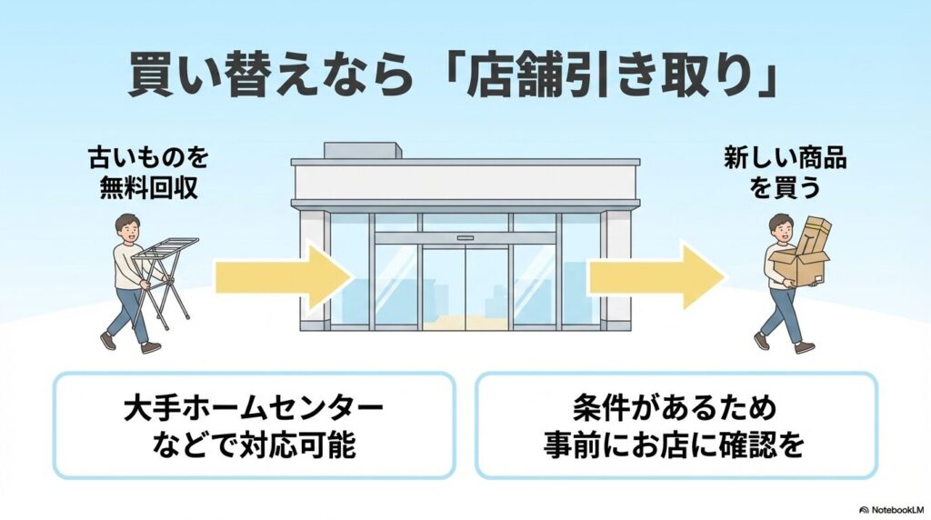 買い替え時に大手ホームセンターなどで古い物干しを無料回収してもらう「店舗引き取り」の手順です。