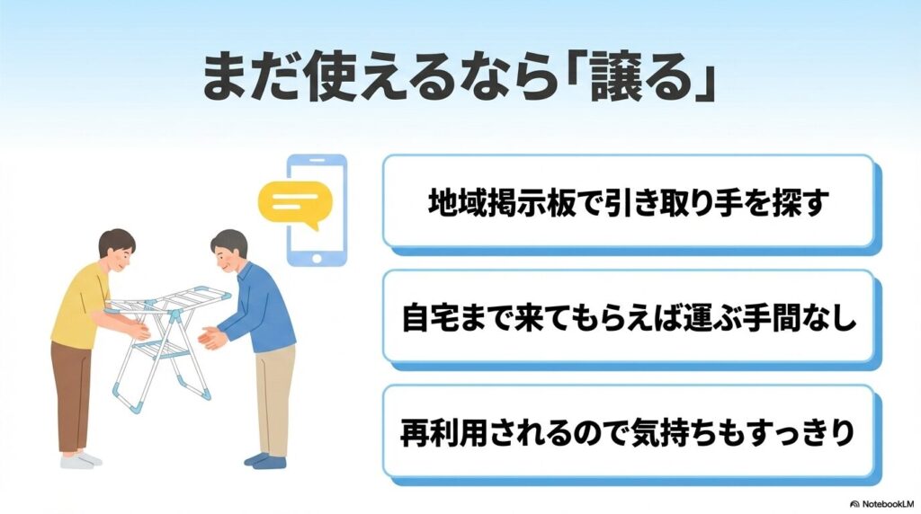 まだ使える場合は、地域掲示板などを利用して他人に譲る方法のメリットを紹介しています。
