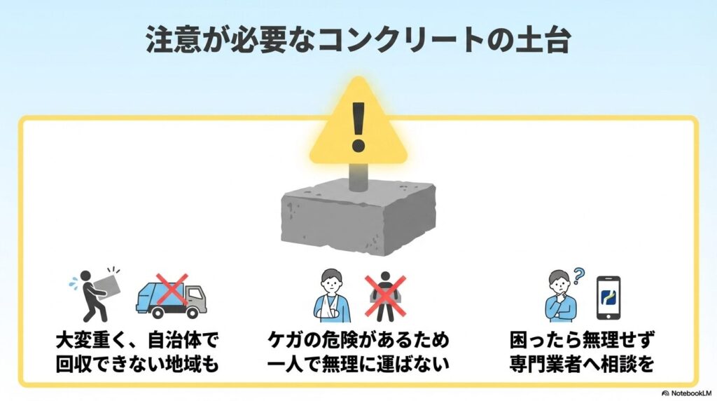 コンクリートの土台の処分に関する注意点で、重さや自治体の回収不可の可能性、専門業者への相談を促しています。