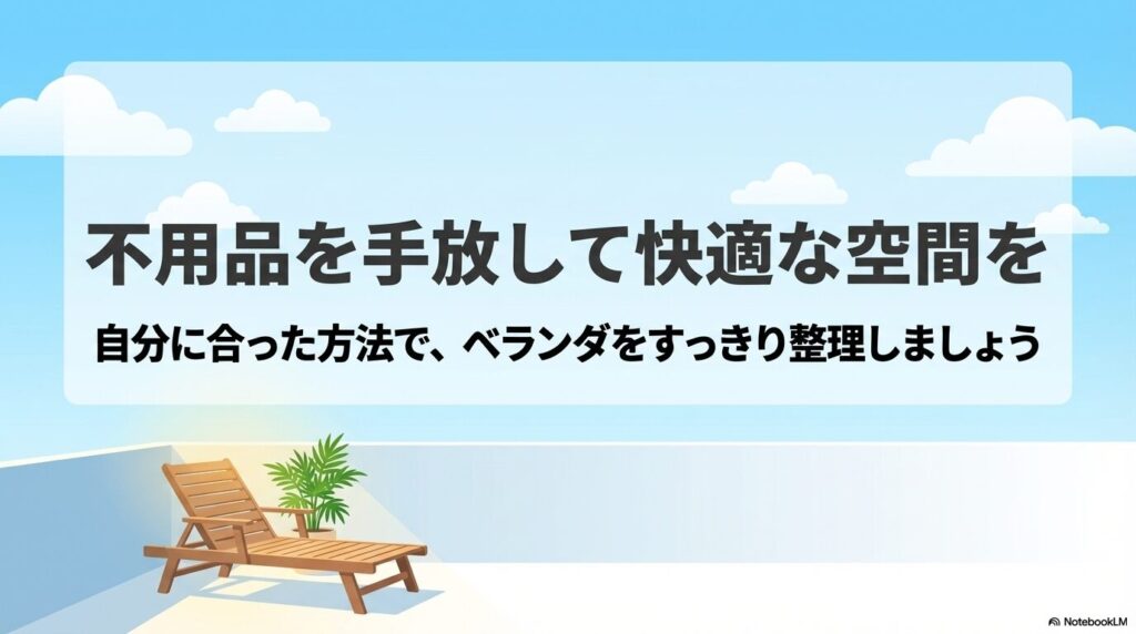 不要品を手放してベランダをすっきり整理し、快適な空間を作ることを推奨する結びのスライドです。