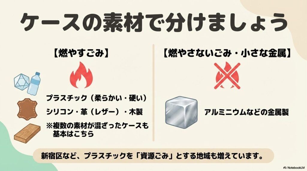スマホケースを素材ごとに「燃やすごみ」と「燃やさないごみ」に分別する方法を説明するスライド。