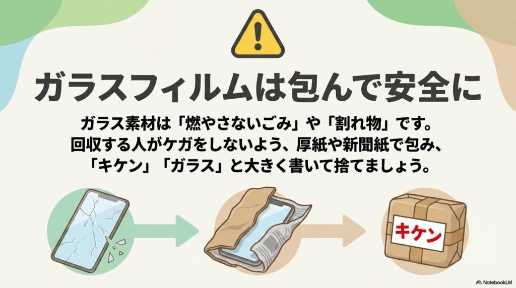 ガラスフィルムを捨てる際に、厚紙や新聞紙で包んで安全に廃棄する手順を説明するスライド。