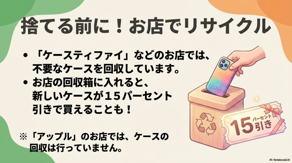 特定の店舗でのスマホケース回収サービスや、リサイクルによる割引特典について紹介するスライド。