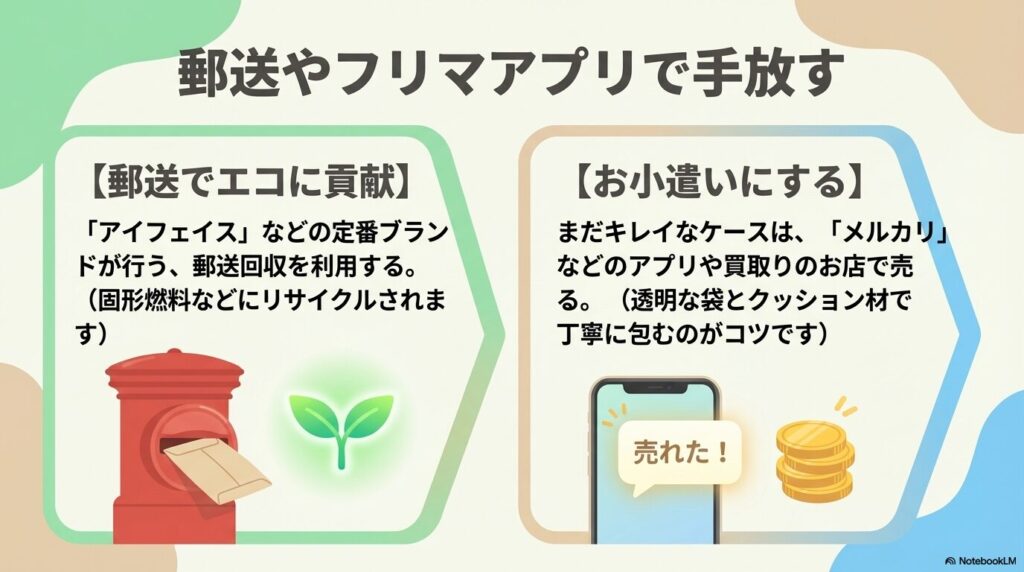 ブランドによる郵送回収やフリマアプリでの売却など、ゴミとして捨てない手放し方を説明するスライド。