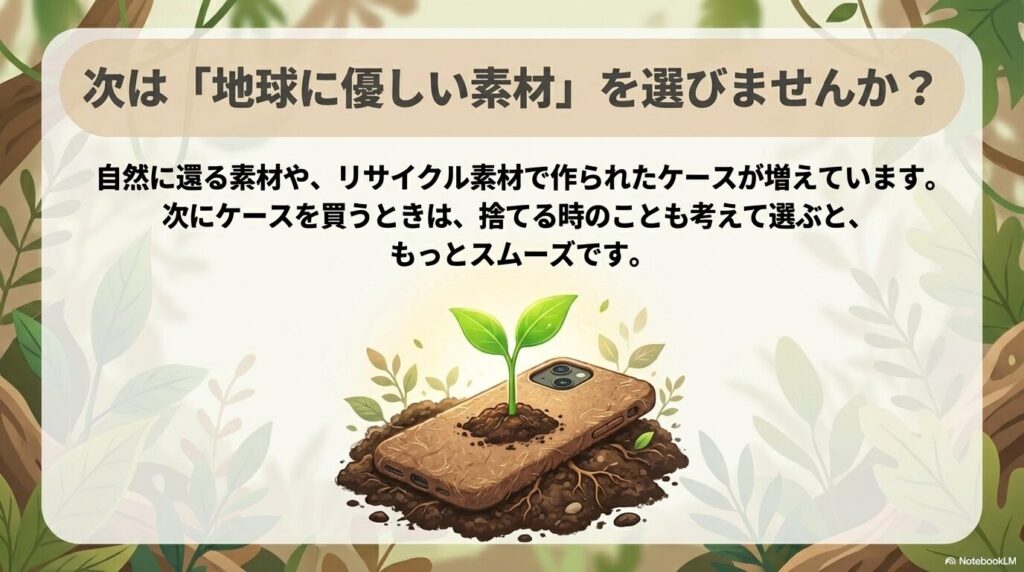 将来の廃棄を考えて、自然に還る素材やリサイクル素材のケースを選ぶことを提案するスライド。