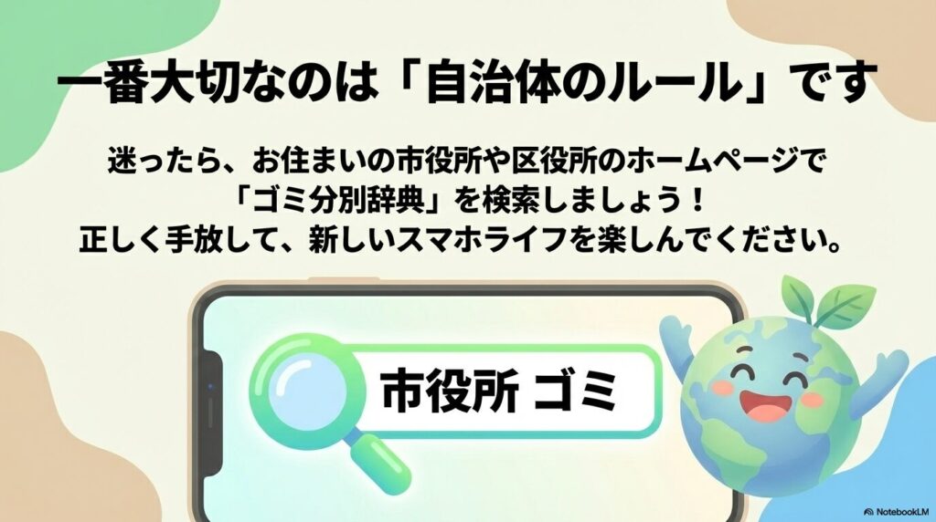 最終的には自治体のルールを確認することを推奨し、適切な処分を促すスライド。