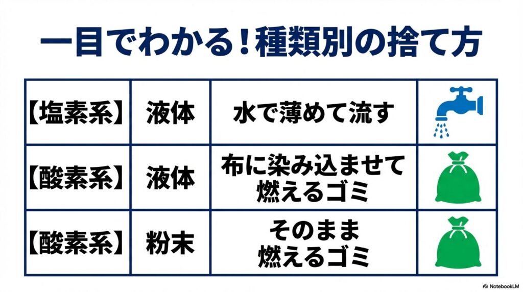 塩素系と酸素系の漂白剤について、液体や粉末といった種類に応じた捨て方をまとめた比較表。