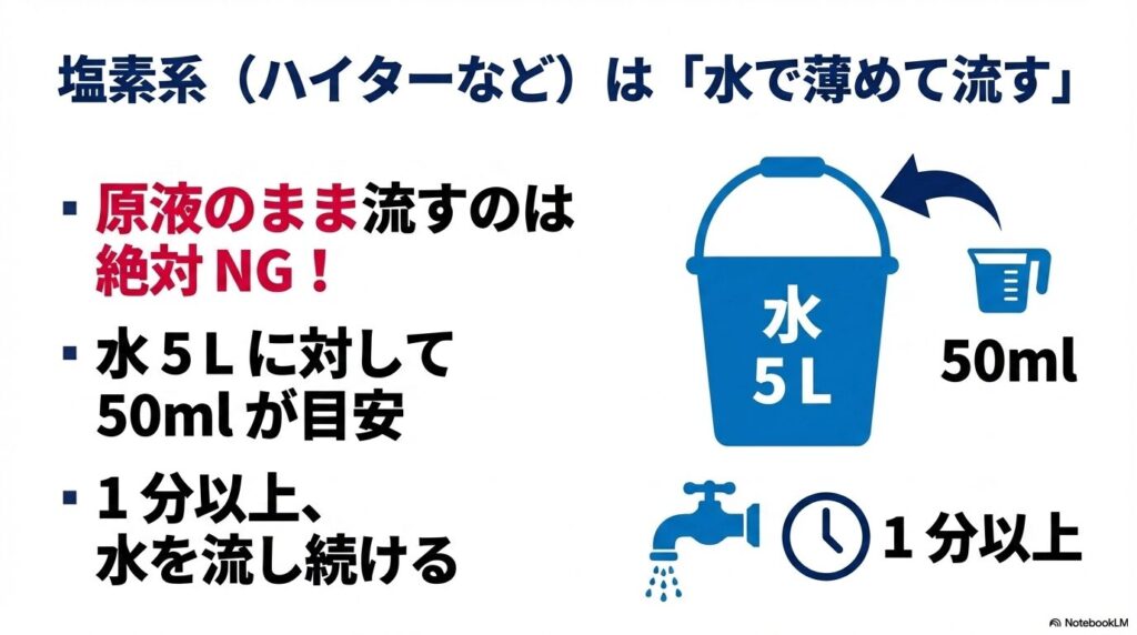 塩素系漂白剤を安全に捨てるための希釈の目安と、水を流す時間についての具体的な手順。