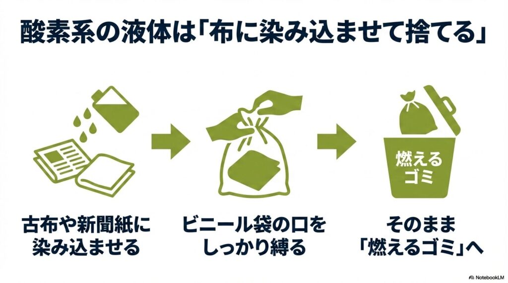 液体タイプの酸素系漂白剤を、古布や新聞紙に染み込ませて燃えるゴミとして出す3つのステップ。