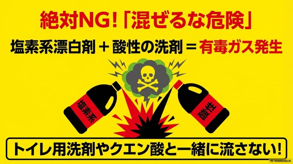 塩素系漂白剤と酸性洗剤を混ぜると有毒ガスが発生するため、絶対に一緒に流さないよう警告する内容。