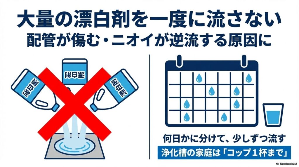 配管へのダメージを防ぐため、大量の漂白剤を一度に流さず数日に分けて少しずつ処分する際の注意点。