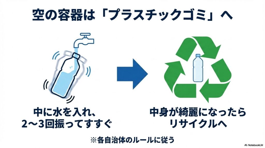 使用済みの空容器を水ですすいでから、プラスチックゴミやリサイクルとして出す際の手順。