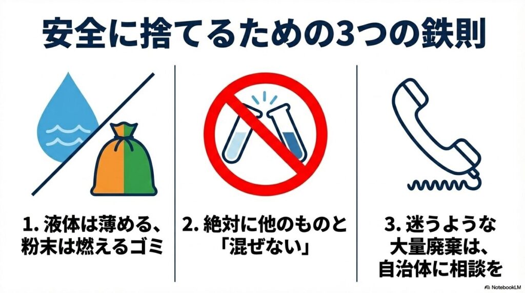 漂白剤を安全に捨てるための3つの基本原則（希釈・分別、混合禁止、大量廃棄時の自治体相談）。